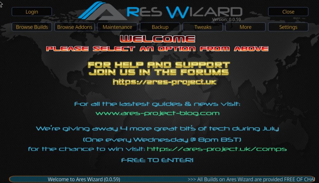 KODI BUILDS Ares Wizard Home screen
